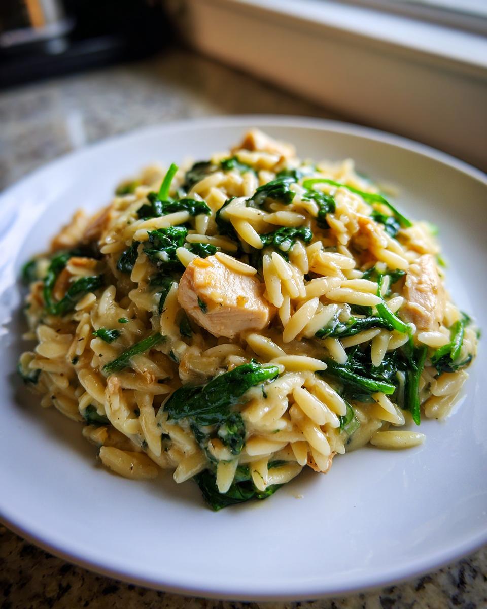 A close-up of creamy orzo pasta mixed with chunks of chicken and wilted spinach on a white plate.