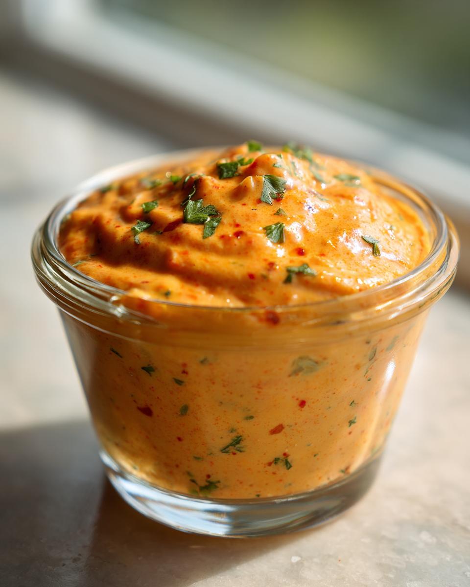 Close-up of creamy, orange-hued southwest salad dressing topped with fresh chopped cilantro.