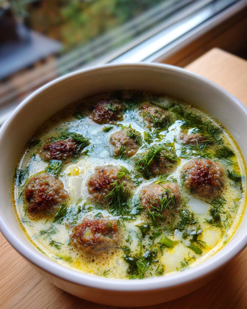 A close-up of a bowl of creamy swedish meatball soup, topped generously with fresh dill.