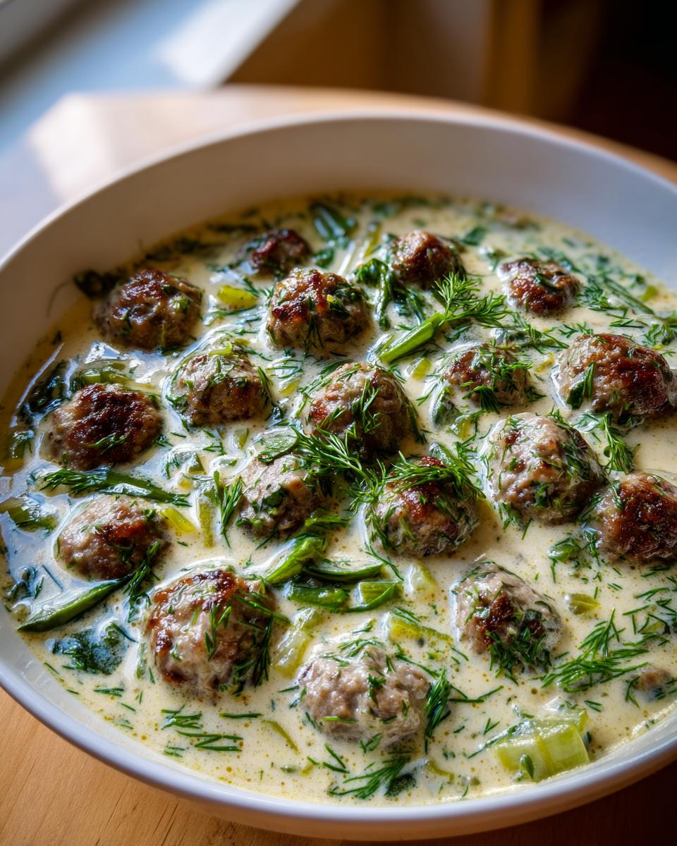 Close-up of a bowl of creamy swedish meatball soup, featuring browned meatballs and fresh dill.