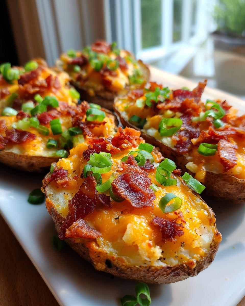 Close-up of several crispy potato skins loaded with melted cheddar cheese, bacon bits, and fresh green onions.