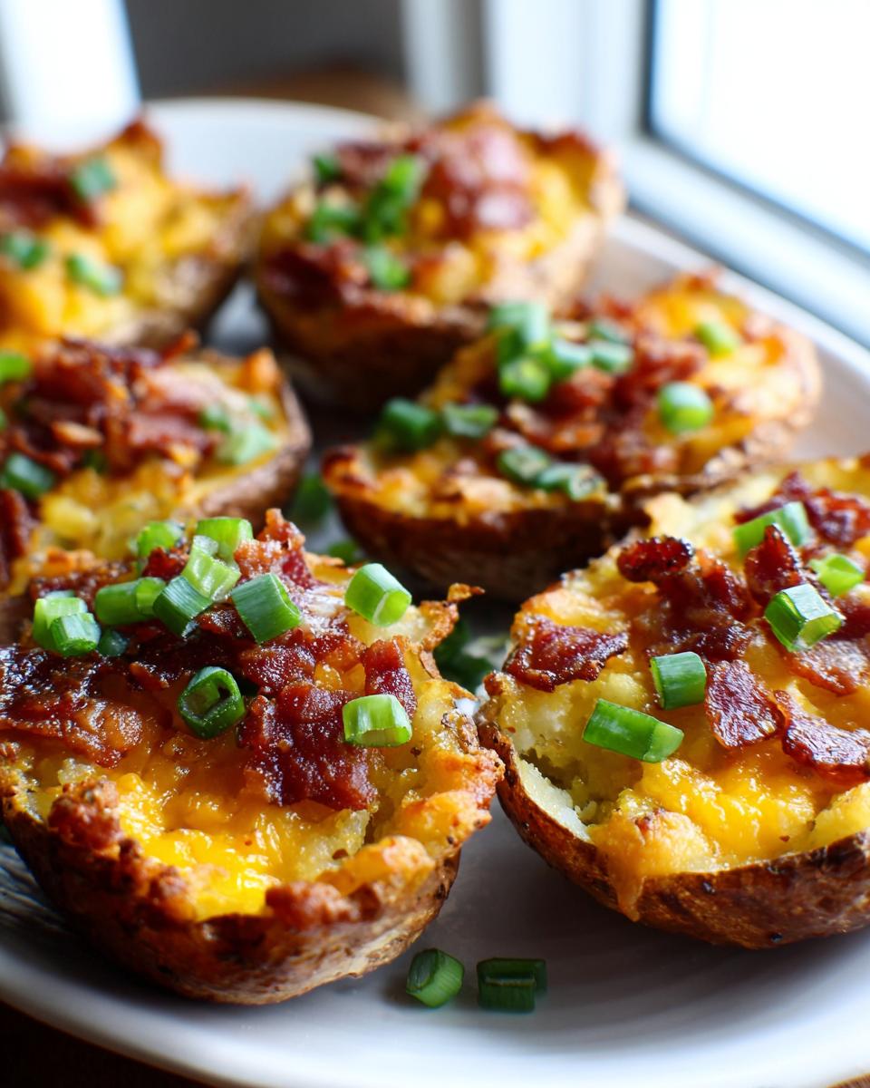 Close-up of several crispy potato skins filled with melted cheddar cheese, bacon bits, and fresh green onions.
