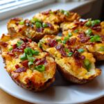 A plate of freshly baked, crispy potato skins loaded with melted cheddar cheese, bacon bits, and green onions.