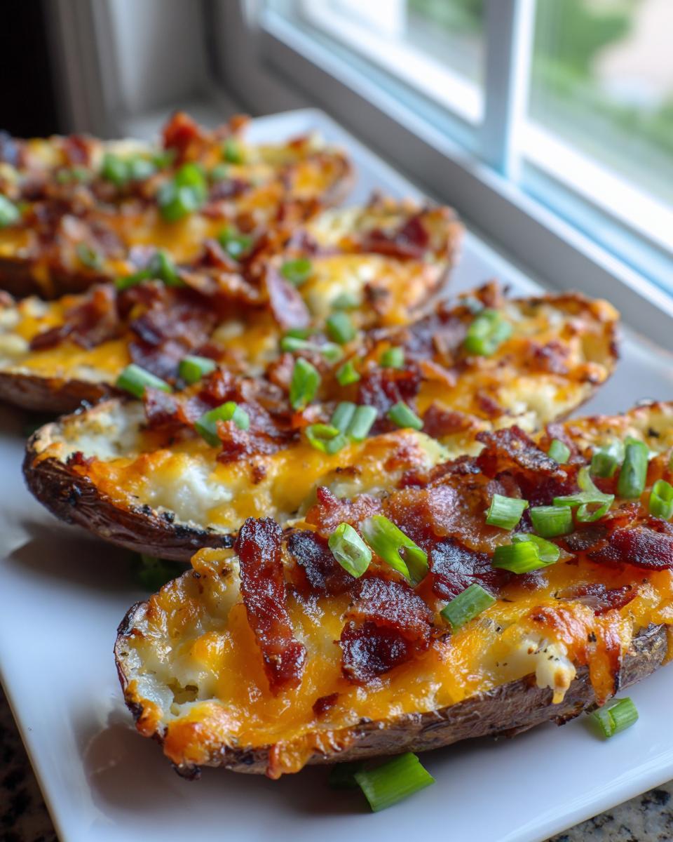 Close-up of crispy potato skins loaded with melted cheddar cheese, bacon bits, and fresh green onions.