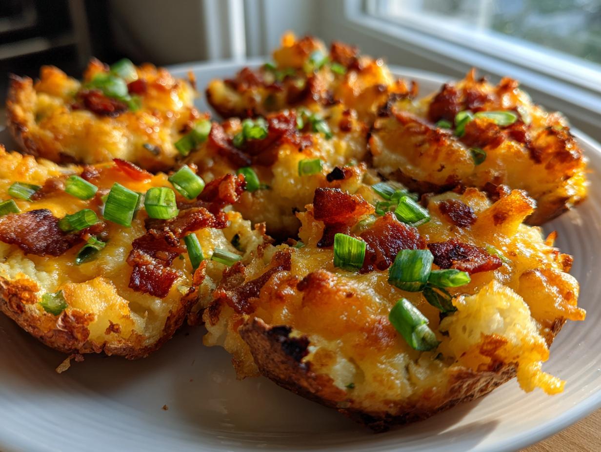 Close-up of crispy potato skins loaded with melted cheese, bacon bits, and fresh green onions.