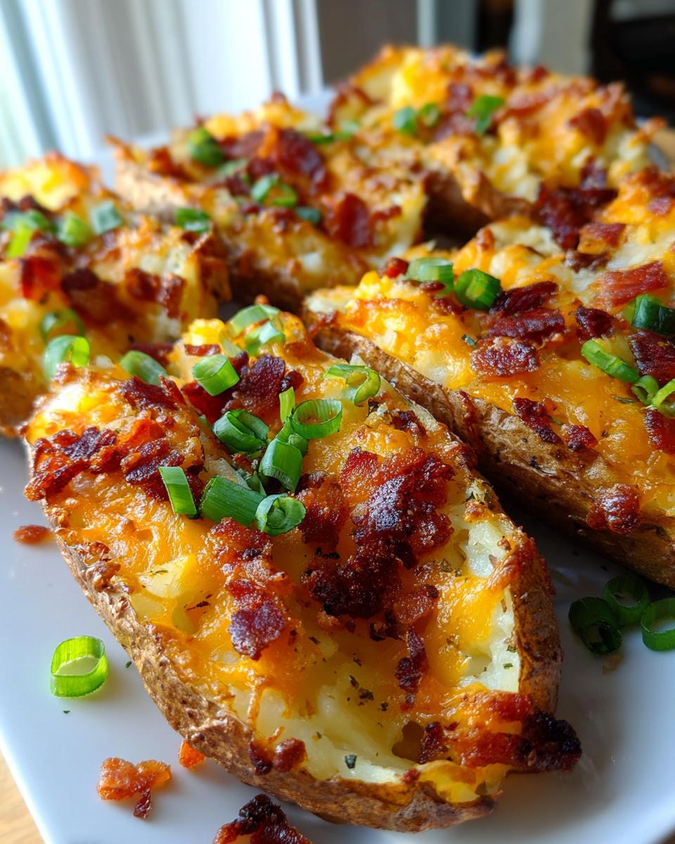 Close-up of baked potato skins loaded with melted cheddar cheese, crispy bacon bits, and fresh green onions.