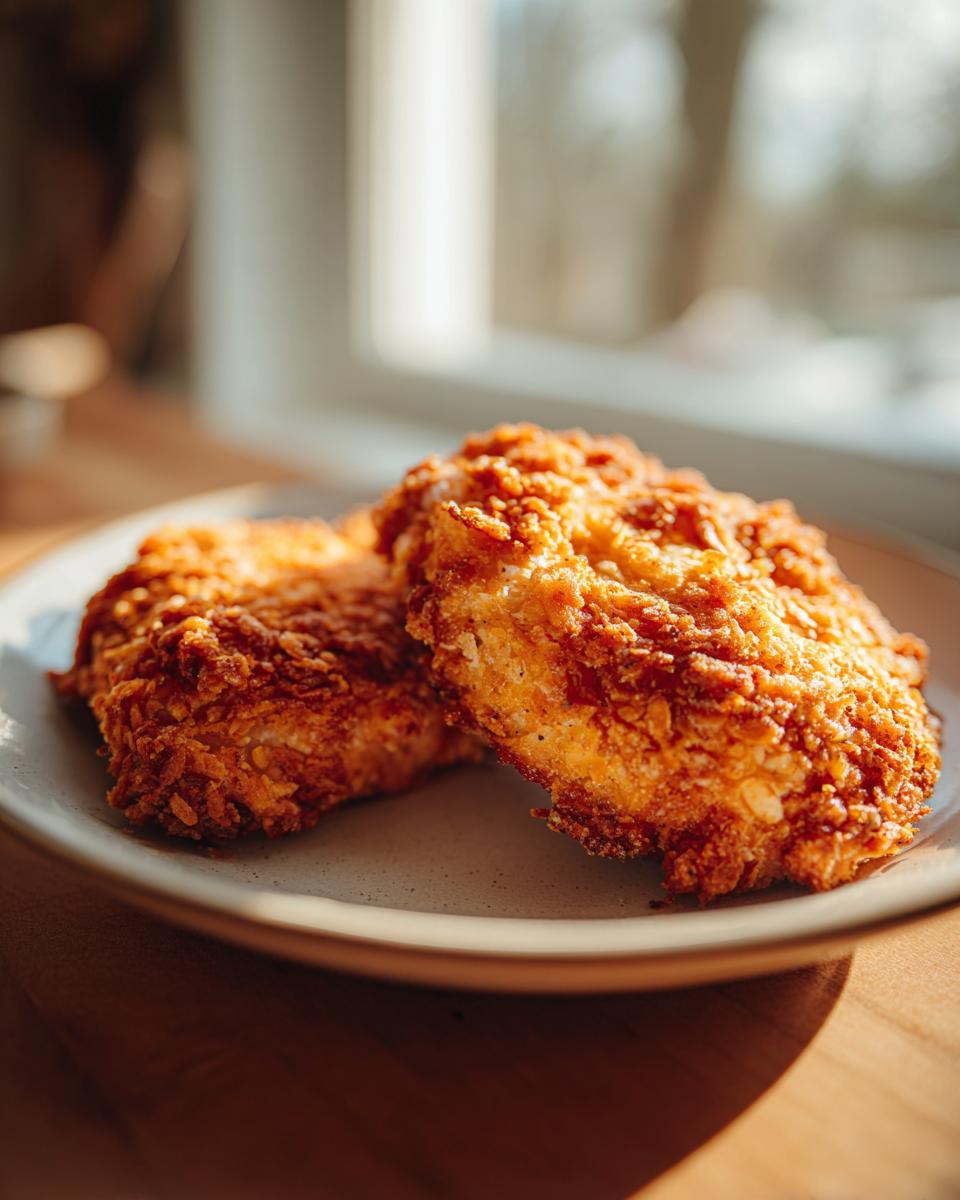 Two golden brown, crispy shake and bake pork chops resting on a light-colored plate near a window.