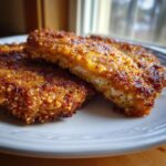 Two perfectly cooked, golden-brown shake and bake pork chops resting on a white plate.