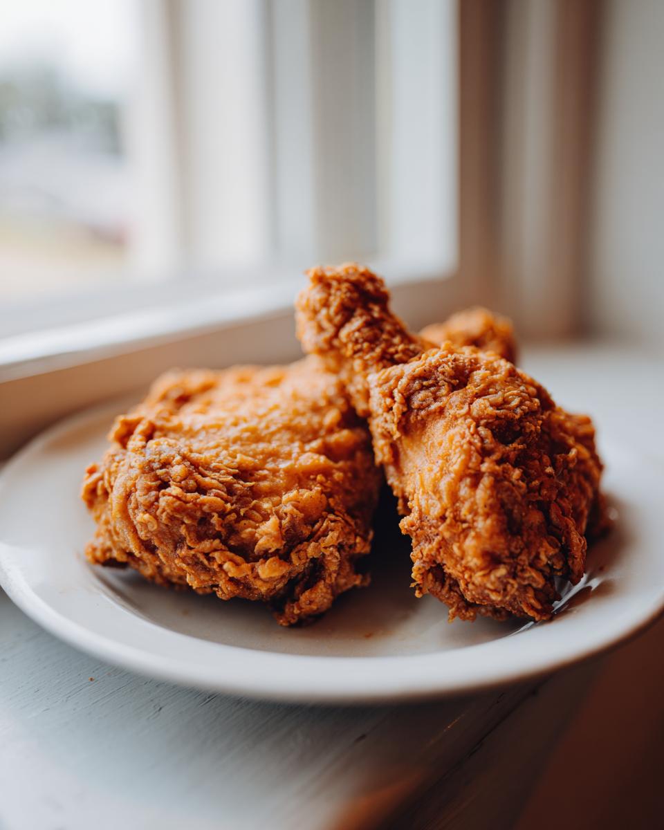 Two pieces of golden brown, crispy shake and bake pork chops resting on a white plate near a window.