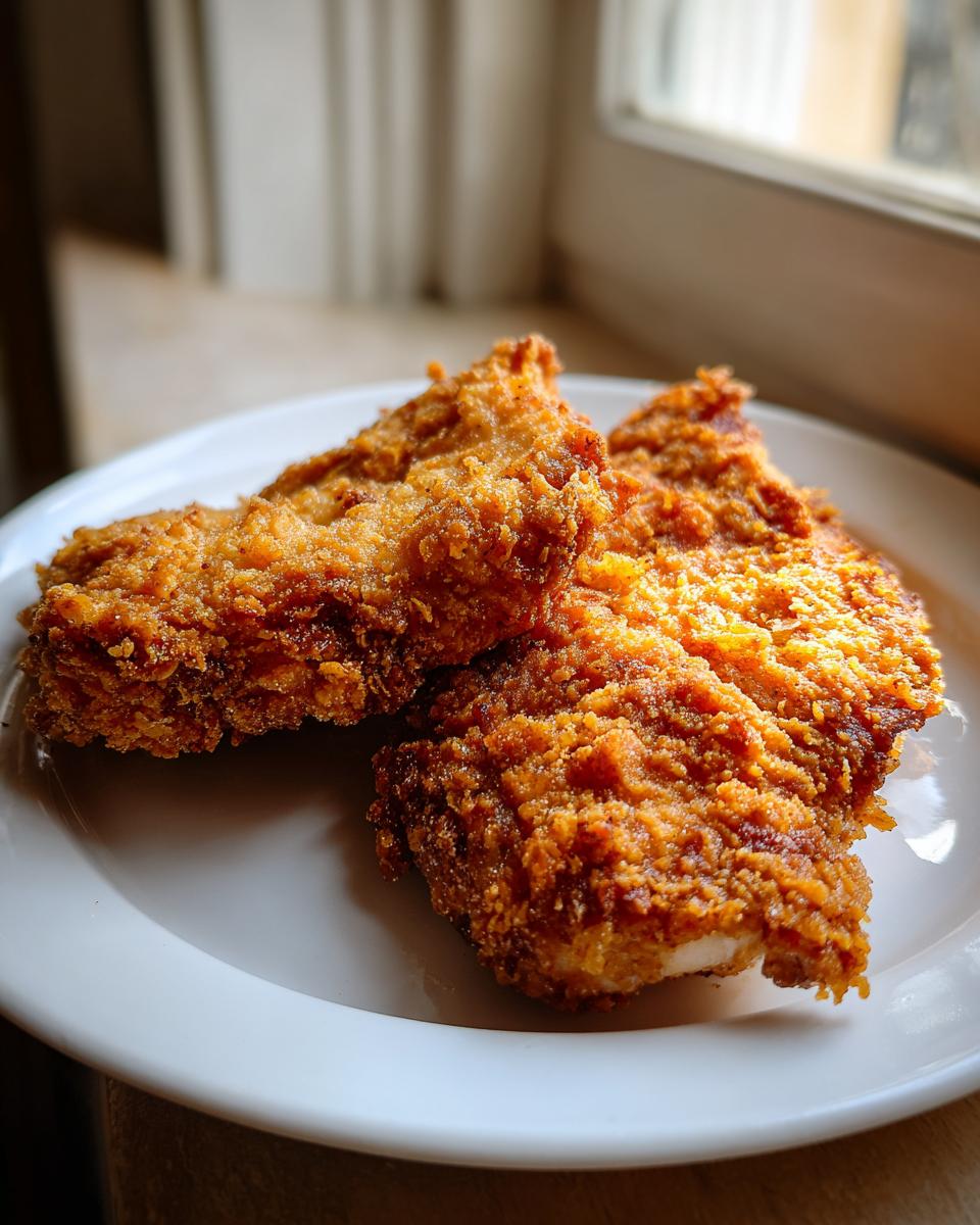 Two perfectly cooked, crispy shake and bake pork chops resting on a white plate near a window.