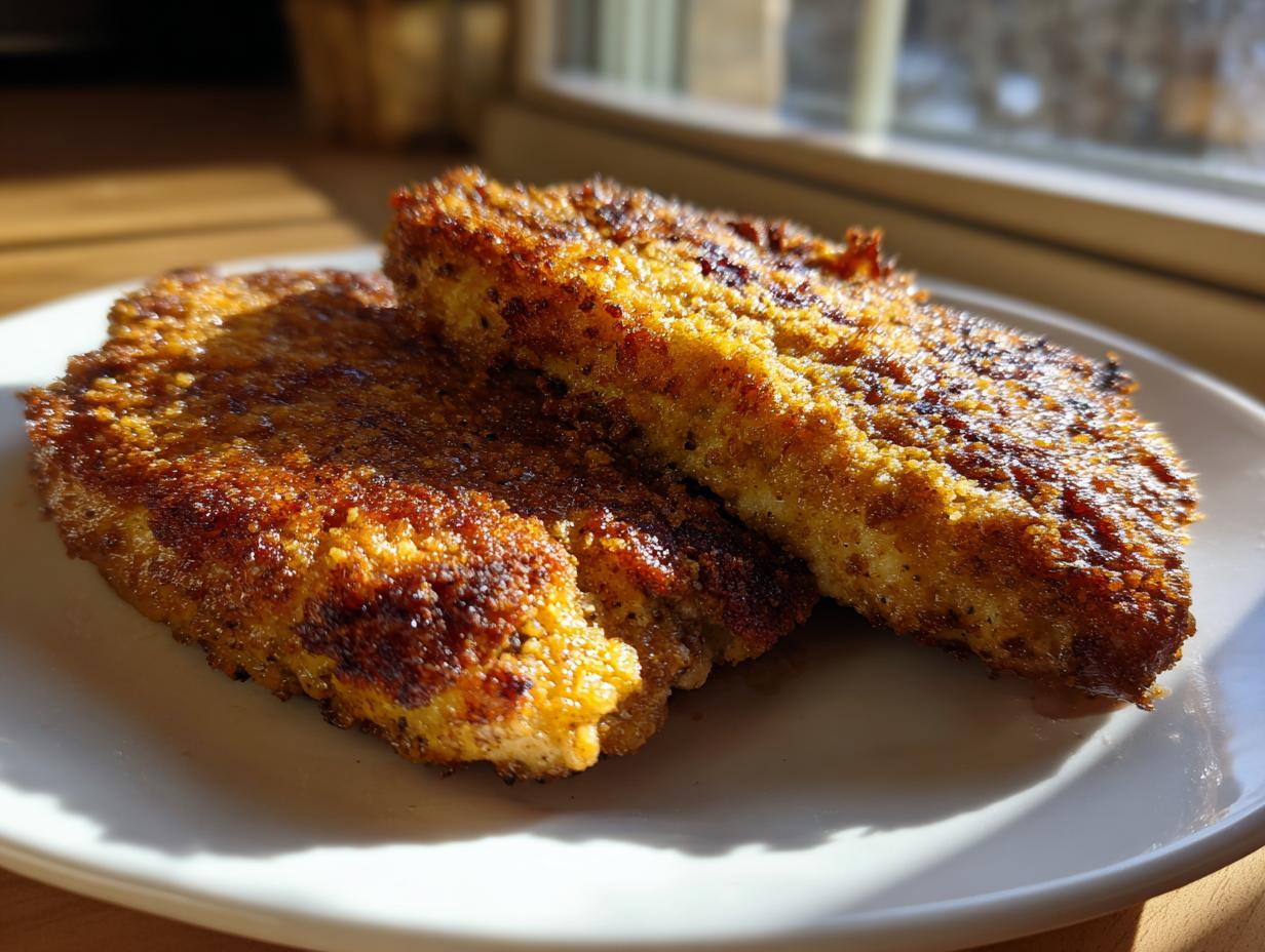 Two perfectly cooked, golden-brown shake and bake pork chops resting on a white plate, highlighted by sunlight.