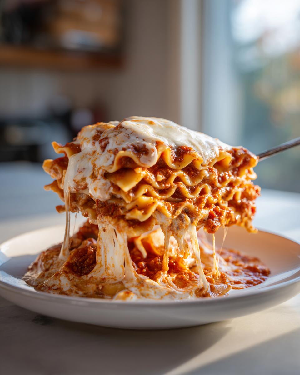 A tall, layered slice of crockpot ravioli lasagna being lifted, showing extreme cheese pull and rich meat sauce.