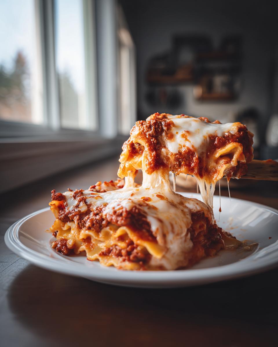 A serving of crockpot ravioli lasagna being lifted, showing a dramatic cheese pull over a white plate.