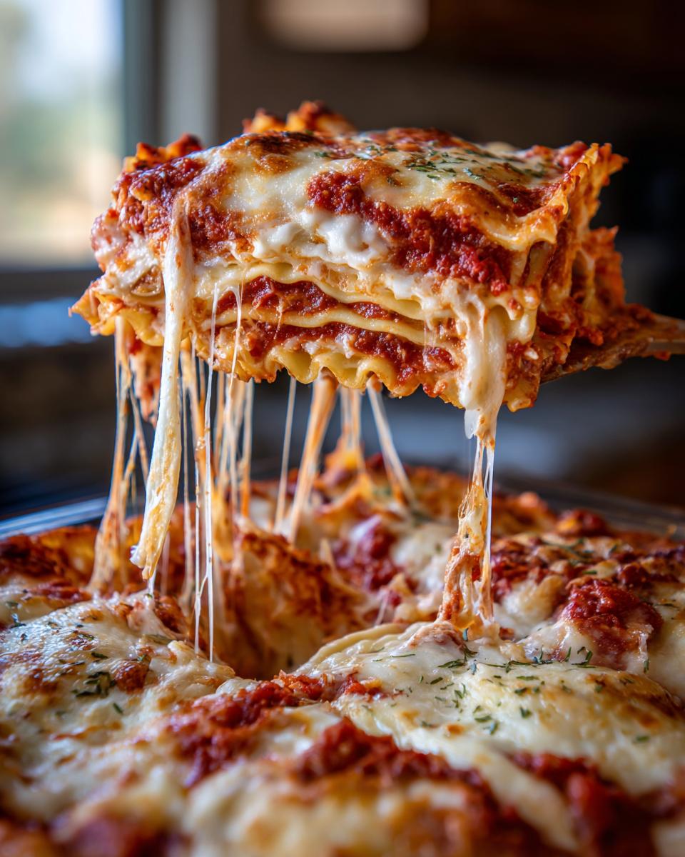 A cheesy slice of crockpot ravioli lasagna no meat being lifted, showing long, stretchy cheese pulls.