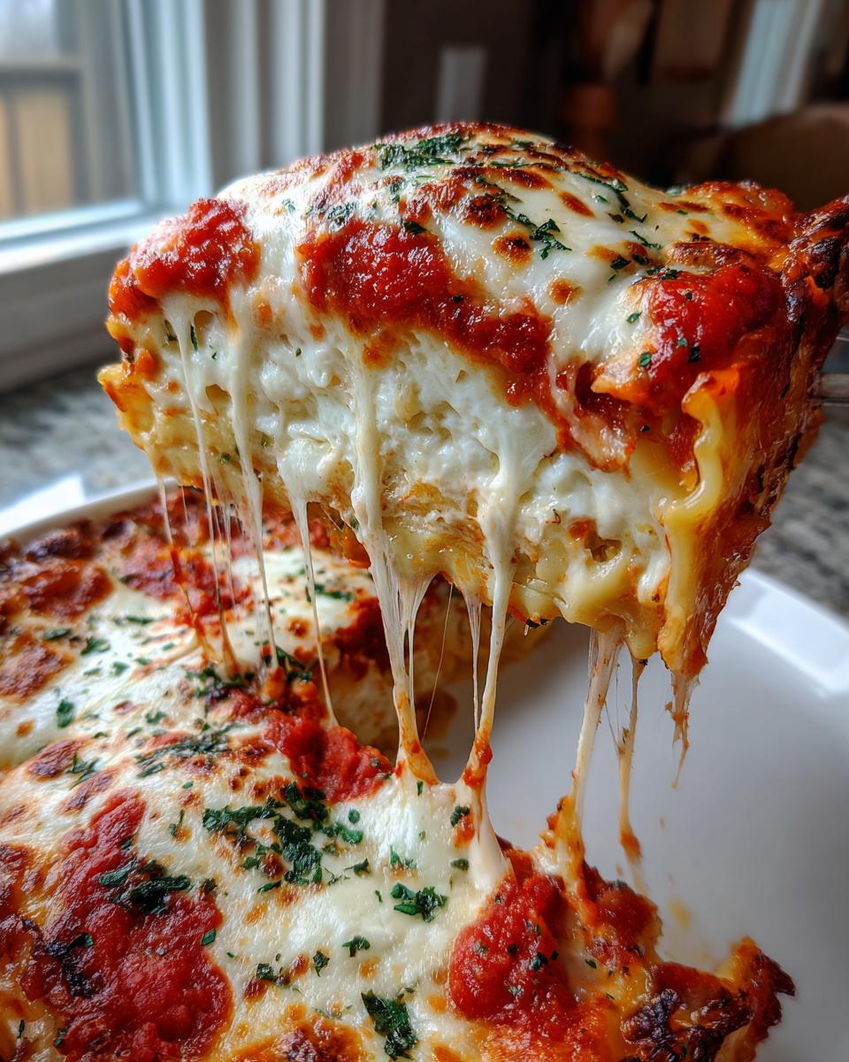 A serving of crockpot ravioli lasagna no meat being lifted, showing extreme cheese pull with melted mozzarella and red sauce.