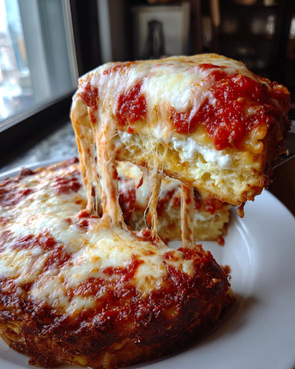 A cheesy, gooey slice being lifted from a crockpot ravioli lasagna no meat, showing melted mozzarella and ricotta layers.
