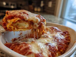 A serving of cheesy crockpot ravioli lasagna no meat being lifted out of a white dish, showing long cheese pulls.