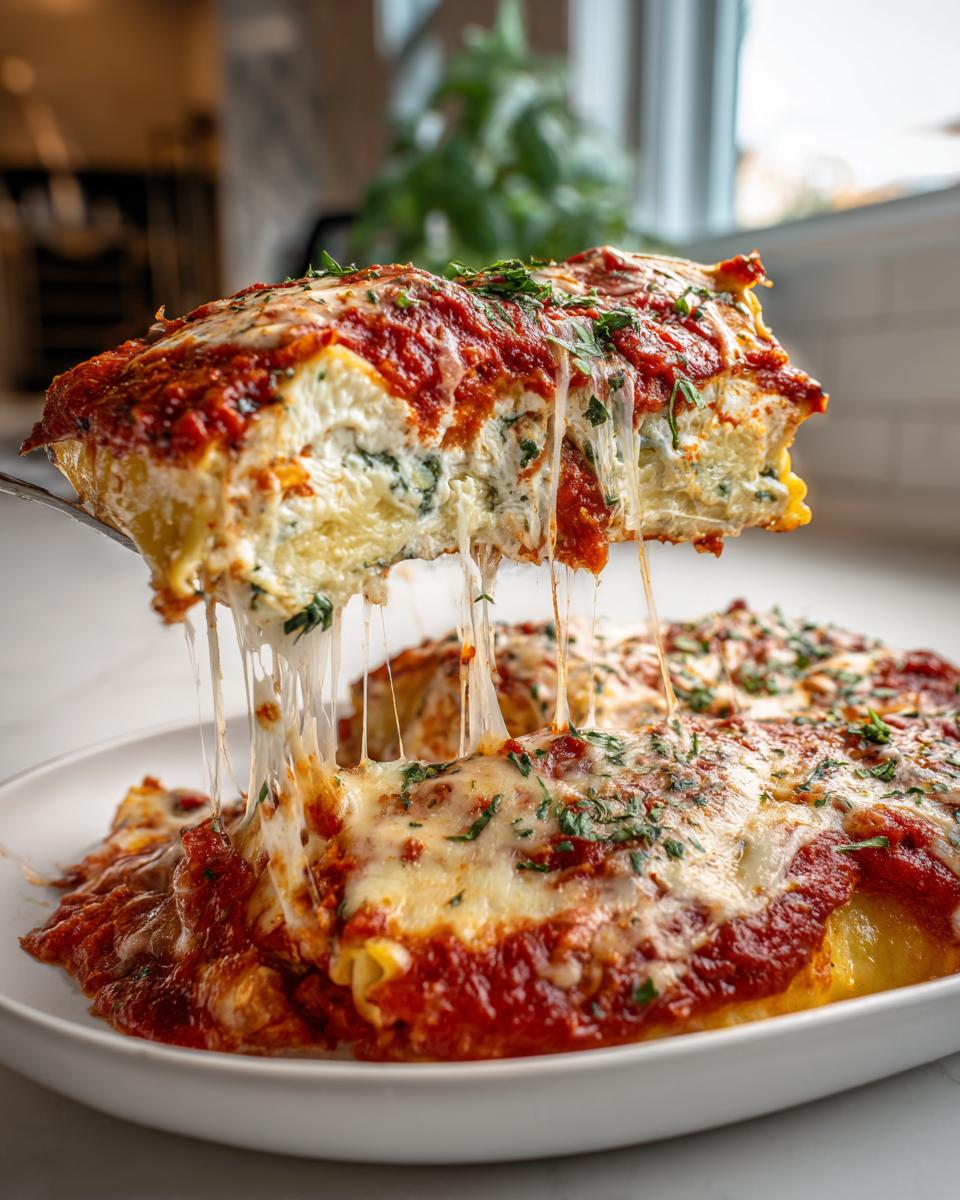A serving of crockpot ravioli lasagna no meat being lifted, showing extreme cheese pull and layers of ricotta and sauce.