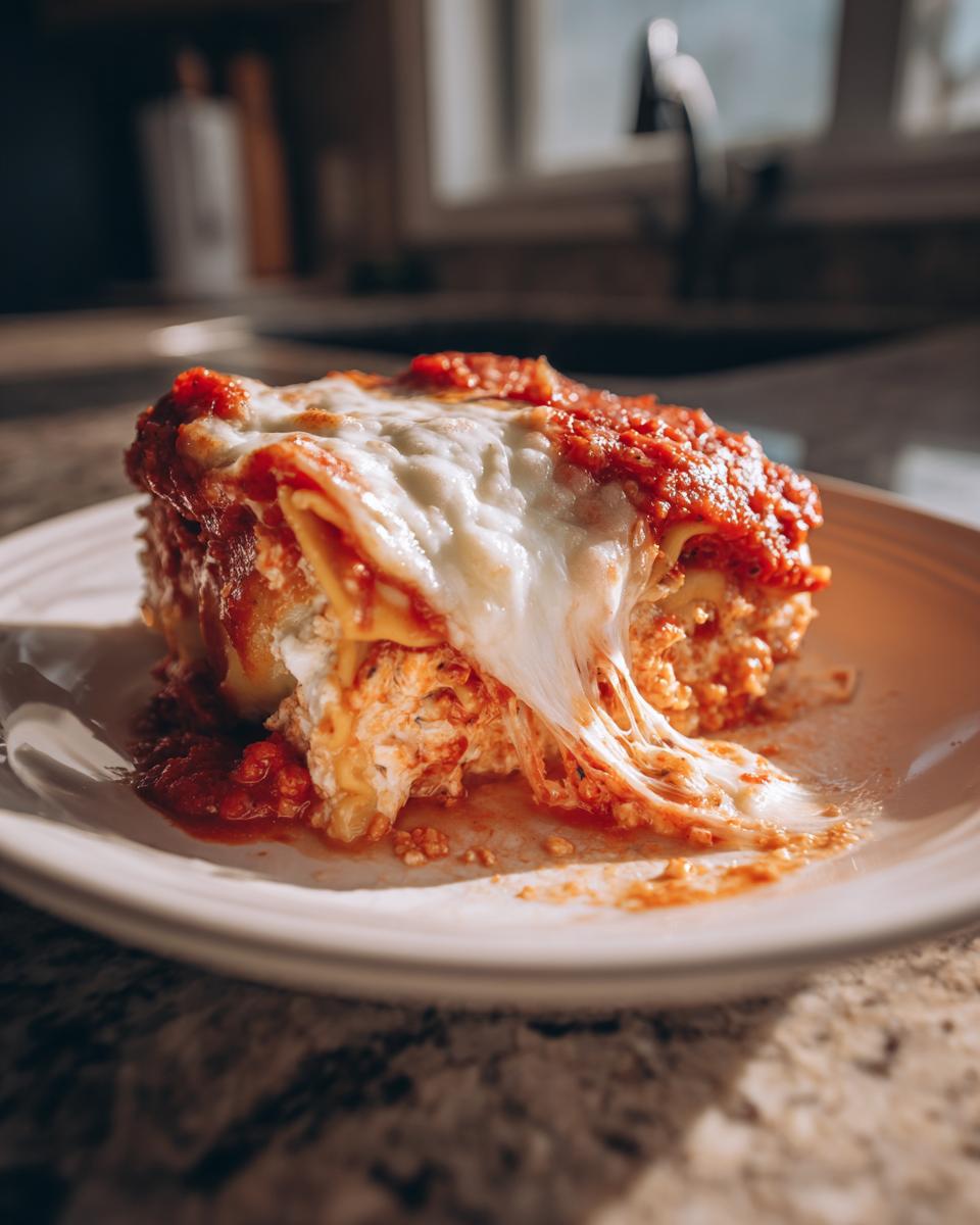 A close-up of a serving of crockpot ravioli lasagna with ricotta cheese showing a dramatic cheese pull.