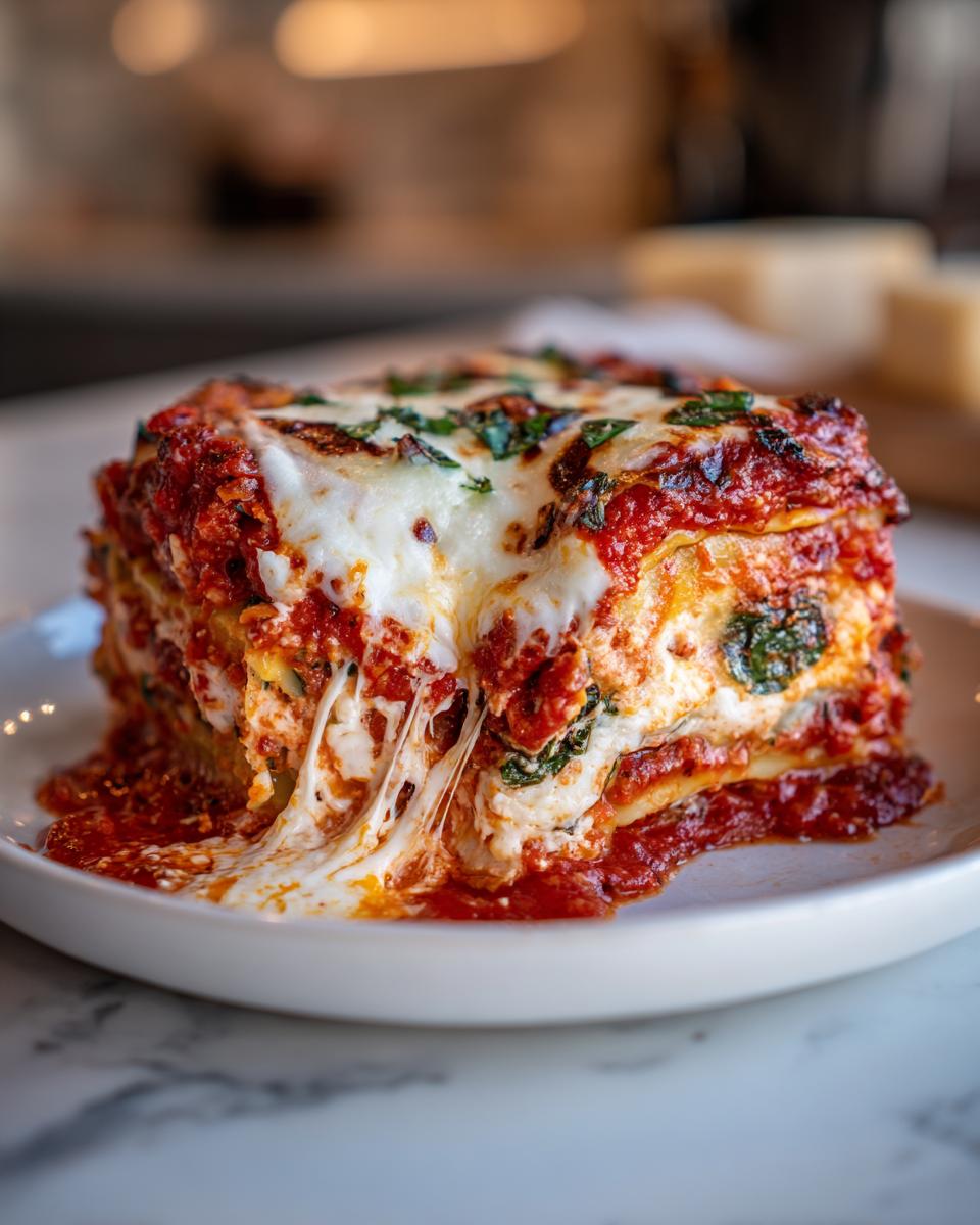 A tall, gooey slice of crockpot ravioli lasagna with ricotta cheese, topped with melted mozzarella and herbs.