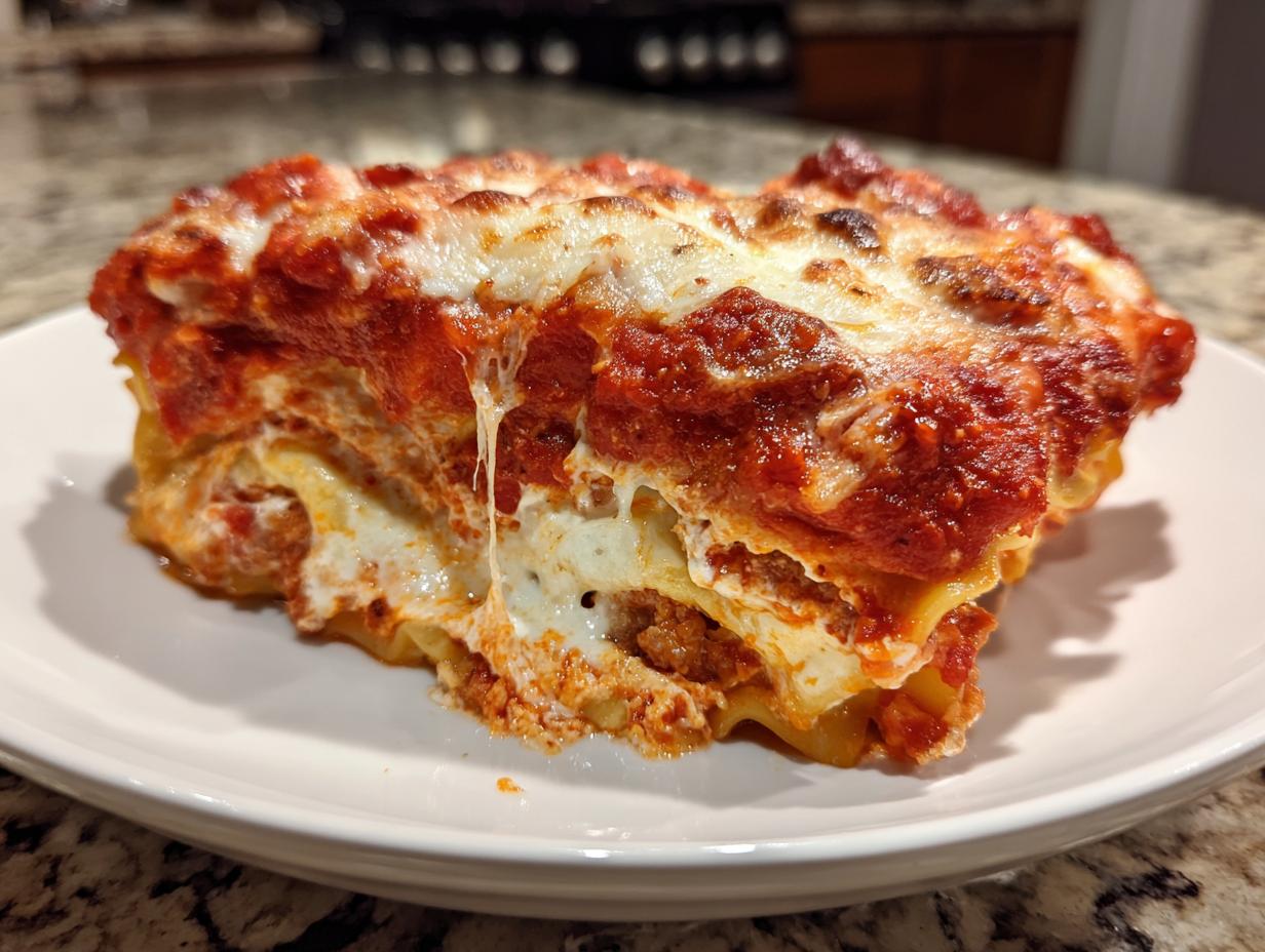 A generous slice of crockpot ravioli lasagna with ricotta cheese, topped with melted mozzarella and rich tomato sauce.