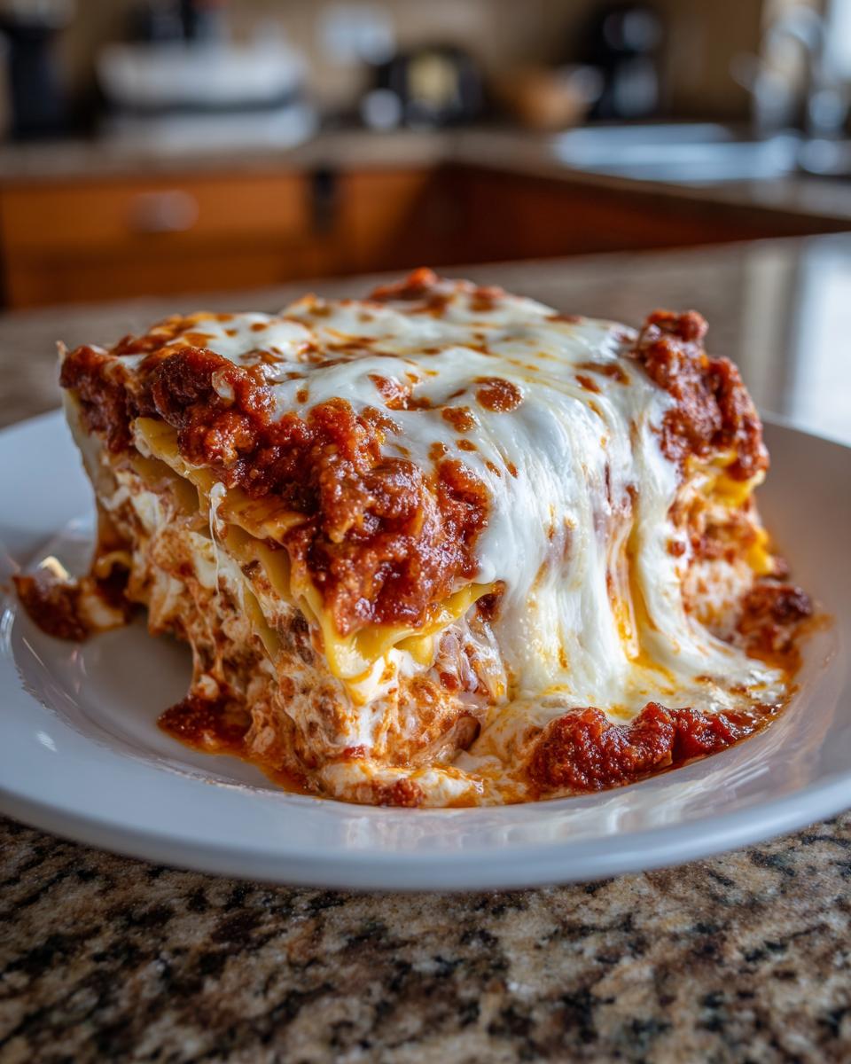 A generous slice of crockpot ravioli lasagna with ricotta cheese, topped with melted mozzarella and rich tomato sauce.
