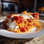 A generous slice of crockpot ravioli lasagna with ricotta cheese, covered in melted mozzarella and rich tomato sauce.