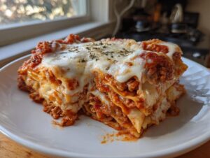 A generous slice of cheesy crockpot ravioli lasagna, layered with sauce and topped with melted mozzarella and herbs.