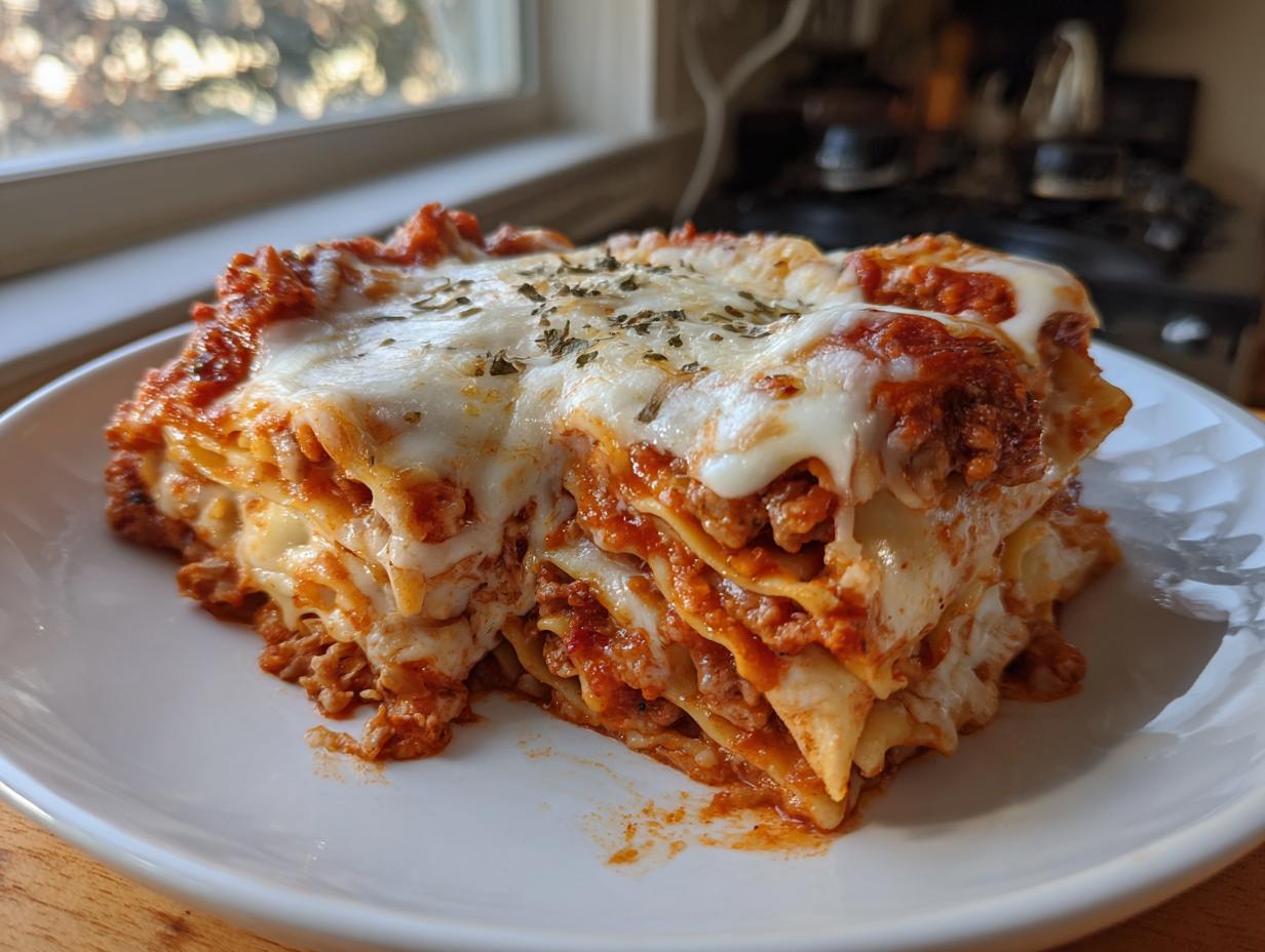 A generous slice of cheesy crockpot ravioli lasagna, layered with sauce and topped with melted mozzarella and herbs.