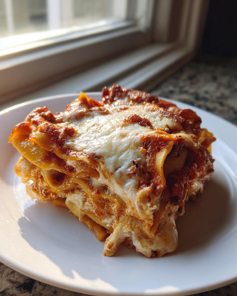 A close-up of a hearty slice of crockpot ravioli lasagna, featuring layers of pasta, meat sauce, and melted mozzarella cheese.