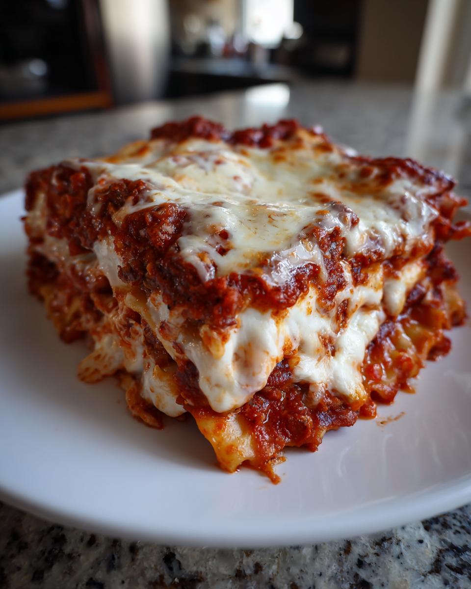 A thick, cheesy slice of crockpot ravioli lasagna covered in rich tomato sauce and melted mozzarella cheese.