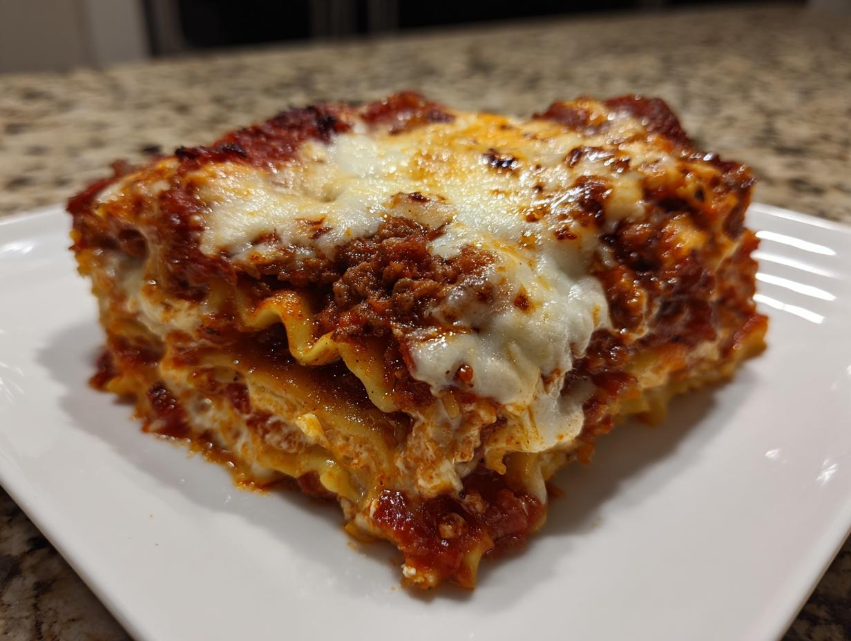 A hearty, cheesy slice of crockpot ravioli lasagna with rich meat sauce on a white plate.