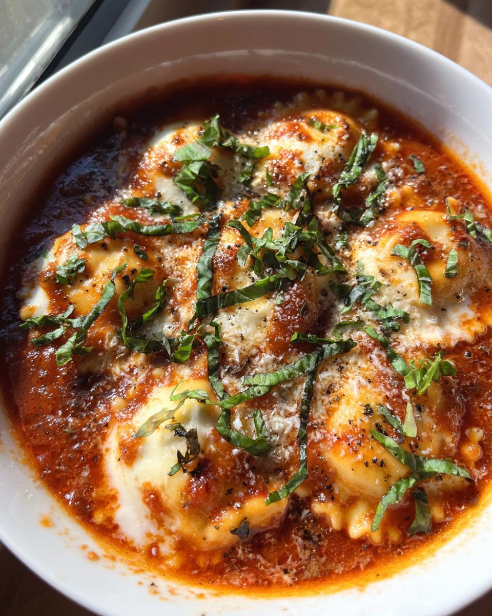 Close-up of a white bowl filled with crockpot ravioli lasagna soup, topped with melted cheese, Parmesan, and fresh basil.