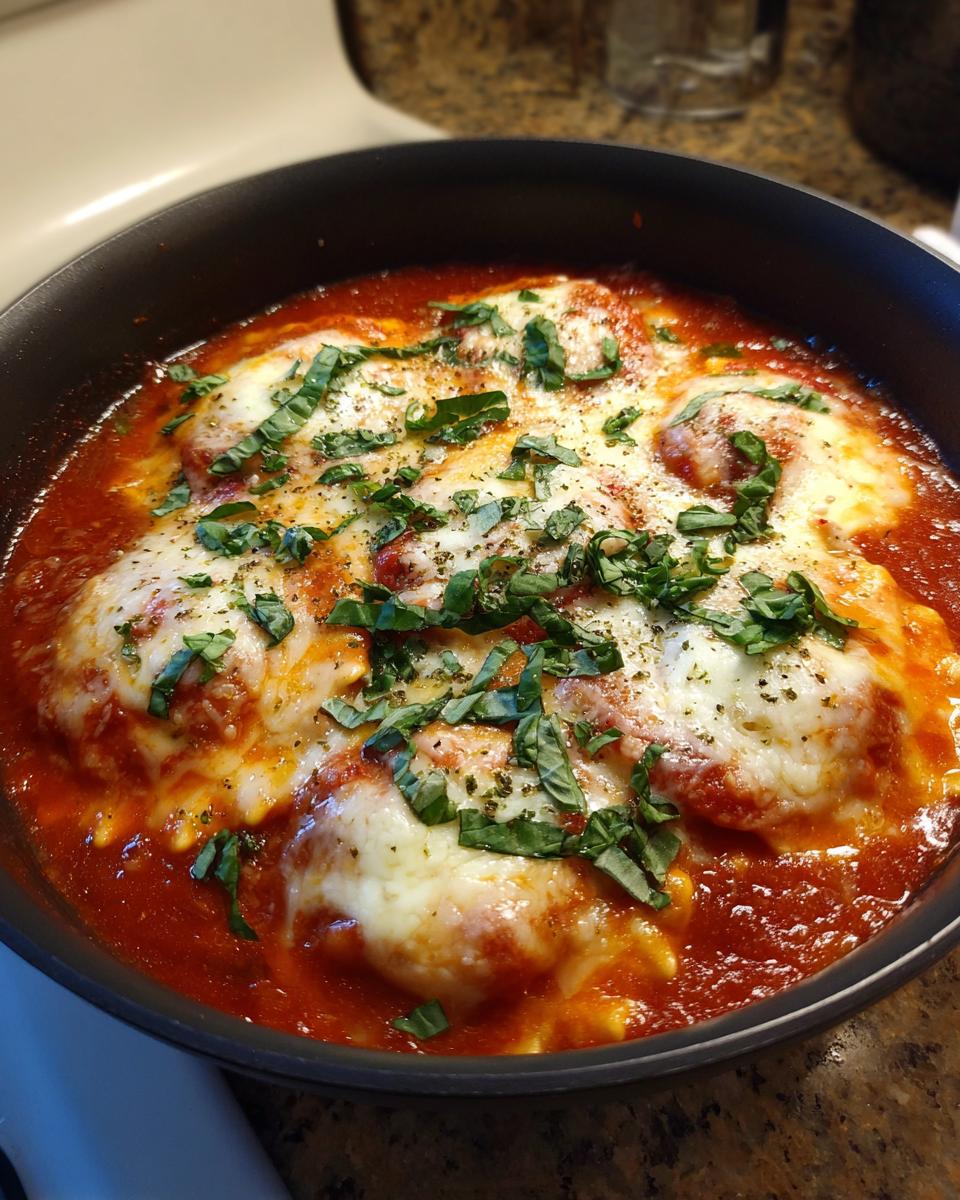 Close-up of melted mozzarella cheese and fresh basil over crockpot ravioli lasagna soup in a dark pot.