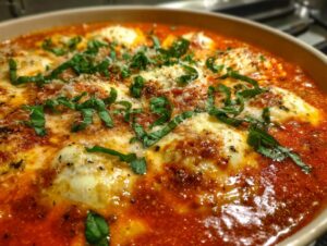 Close-up of rich, cheesy crockpot ravioli lasagna soup topped with melted cheese and fresh basil.
