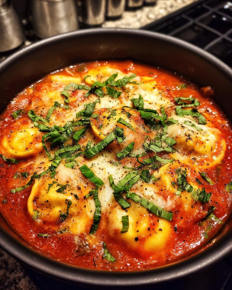 Close-up of cheesy crockpot ravioli lasagna soup topped with fresh basil and black pepper.