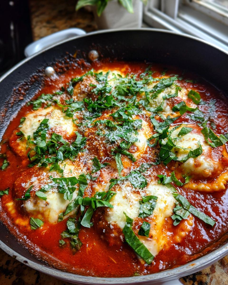 Close-up of finished crockpot ravioli lasagna soup topped with melted cheese, parmesan, and fresh basil.