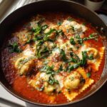 Close-up of rich crockpot ravioli lasagna soup topped with melted cheese, Parmesan, and fresh basil.