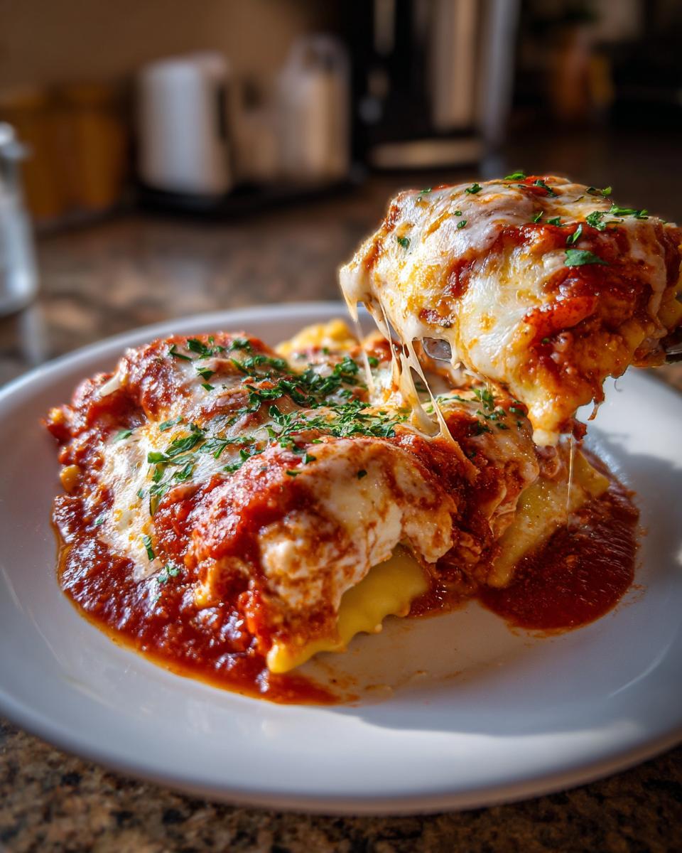 A serving of crockpot ravioli lasagna with ricotta cheese being lifted, showing melted, stringy mozzarella cheese and rich tomato sauce.