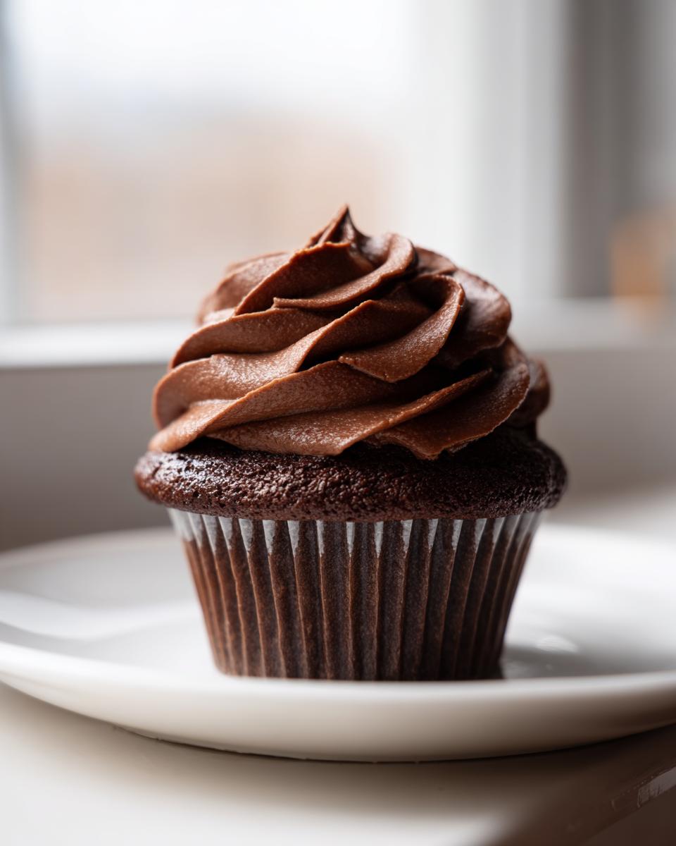 A single chocolate cupcake topped high with perfectly piped whipped chocolate buttercream frosting, sitting on a white plate.