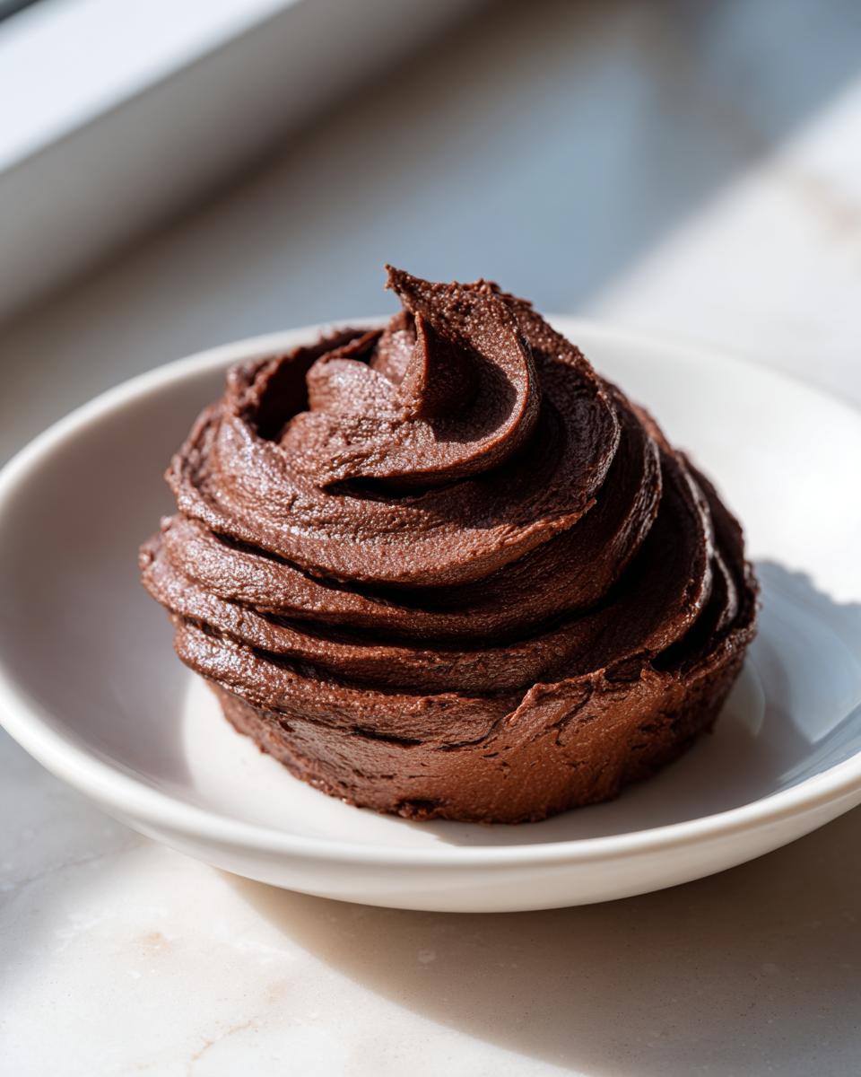 A rich, dark chocolate buttercream frosting piped into a perfect swirl on a small white dish.