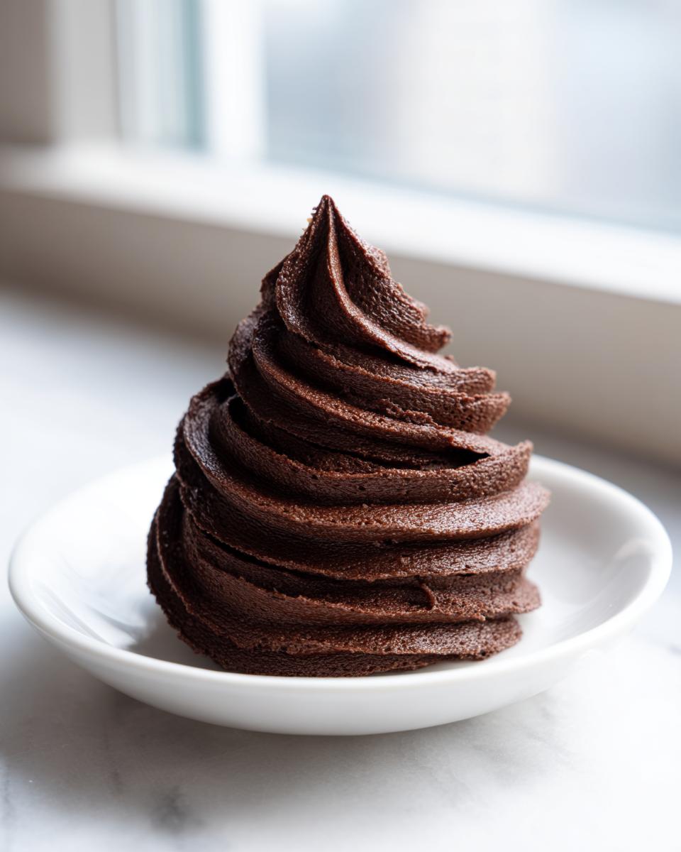 A tall, perfectly piped swirl of rich dark chocolate buttercream frosting in a small white bowl.