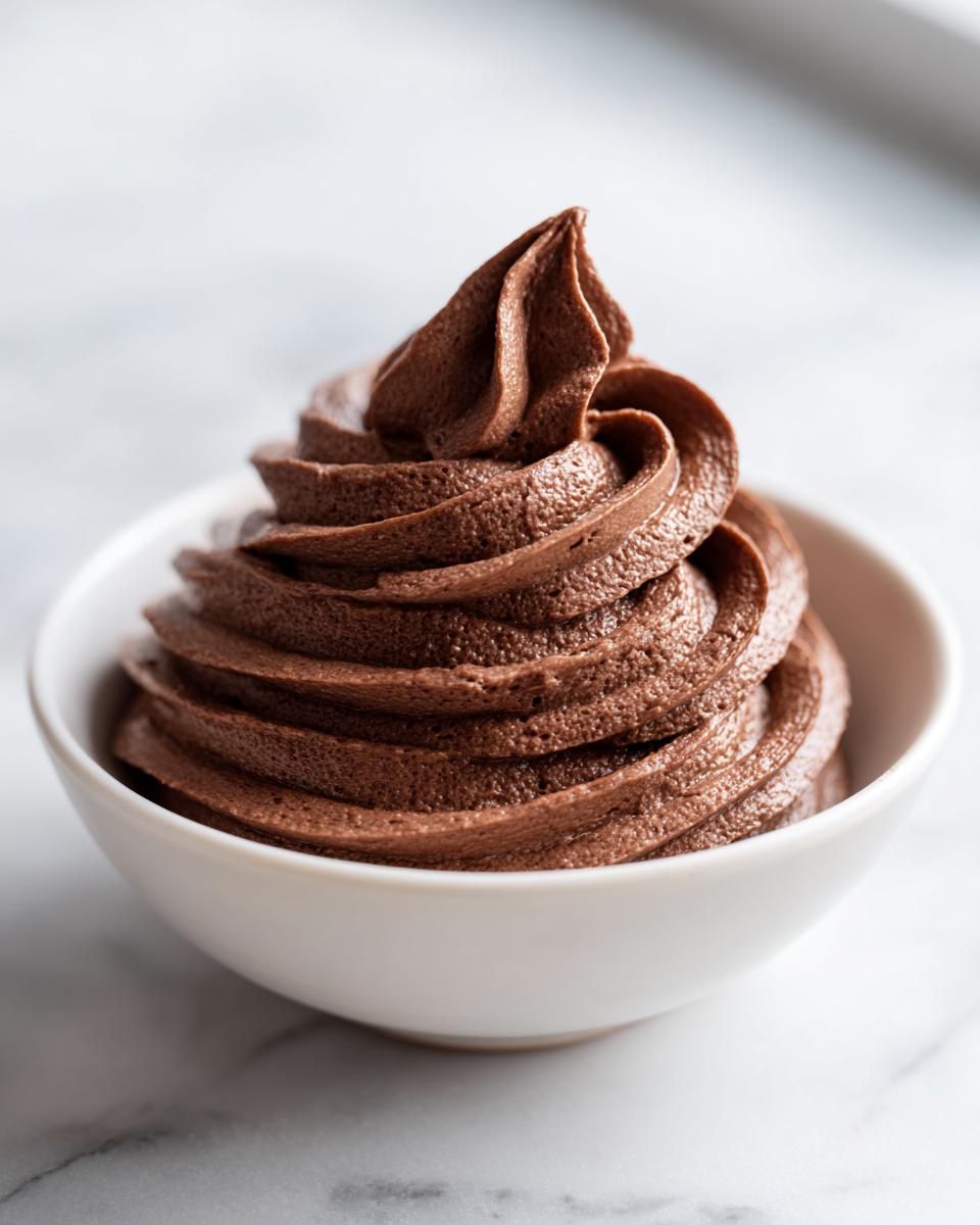 A beautiful swirl of rich, dark chocolate buttercream frosting piped into a small white bowl.