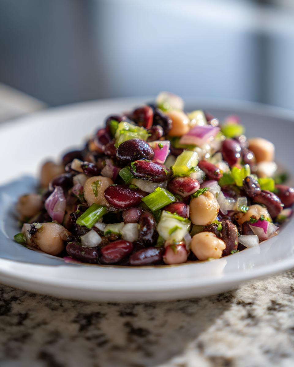 Close-up of a mound of dense bean salad featuring kidney beans, black beans, chickpeas, red onion, and celery on a white plate.