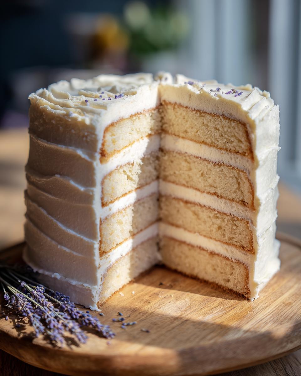 A slice cut from a tall, layered earl grey lavender cake showing vanilla sponge and white frosting layers.