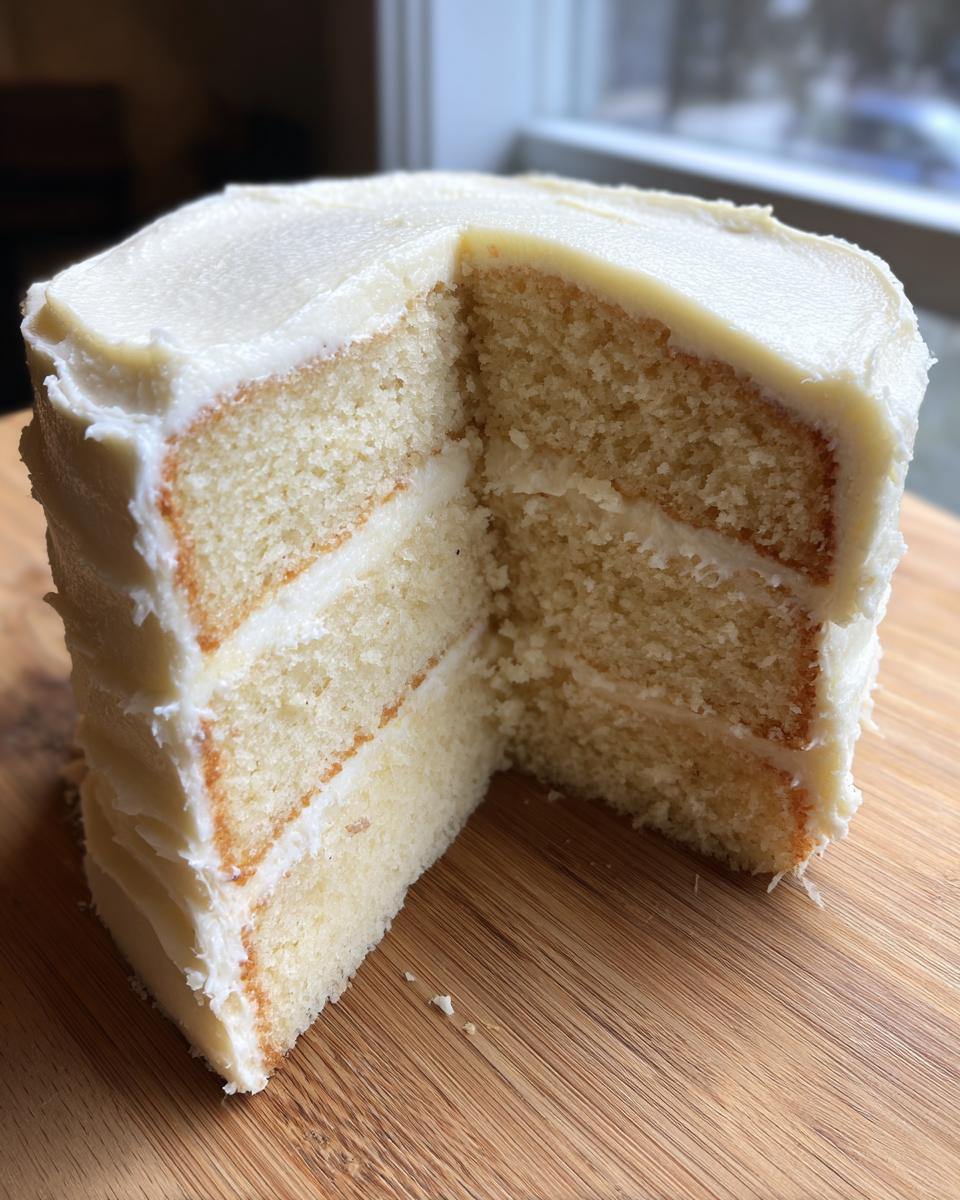 A three-layer slice removed from an earl grey lavender cake showing the moist crumb and white frosting layers.