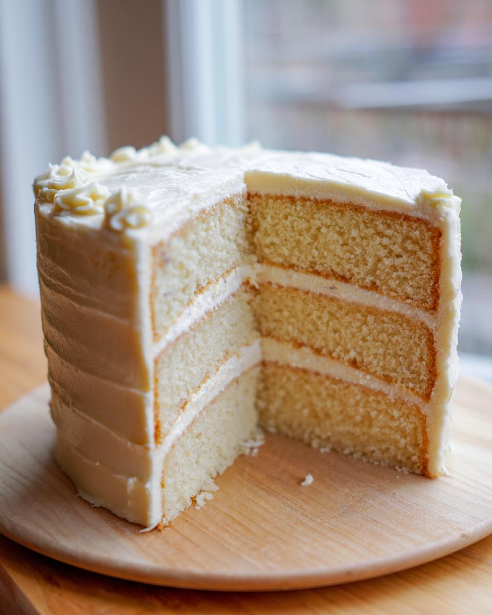 Cross-section view of a three-layer earl grey lavender cake with white frosting.