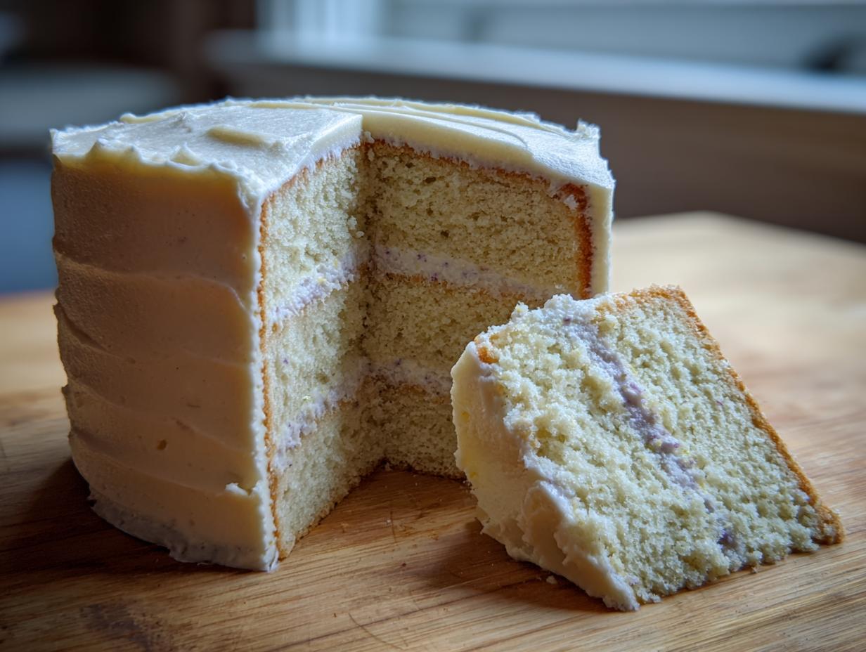 A tall, layered earl grey lavender cake with white frosting, showing a slice cut out on a wooden board.