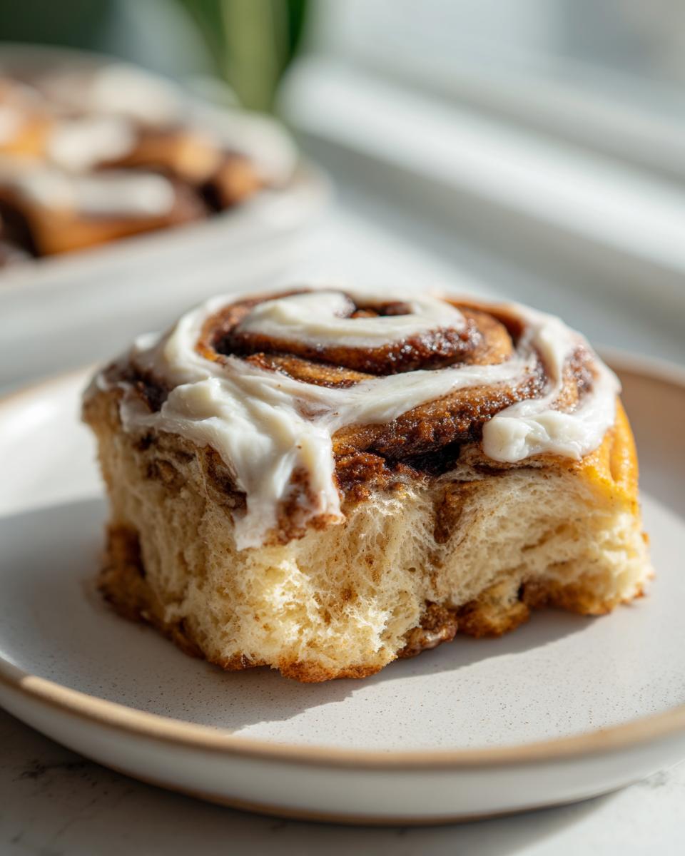 Close-up of a fluffy sour dough cinnamon roll with a bite taken out, topped with thick cream cheese frosting.