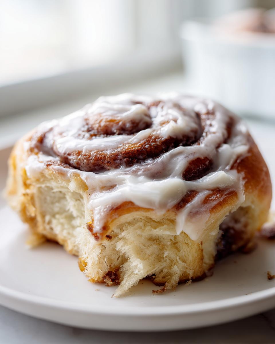 Close-up of a fluffy sour dough cinnamon roll with rich cinnamon swirl and thick white icing on a white plate.